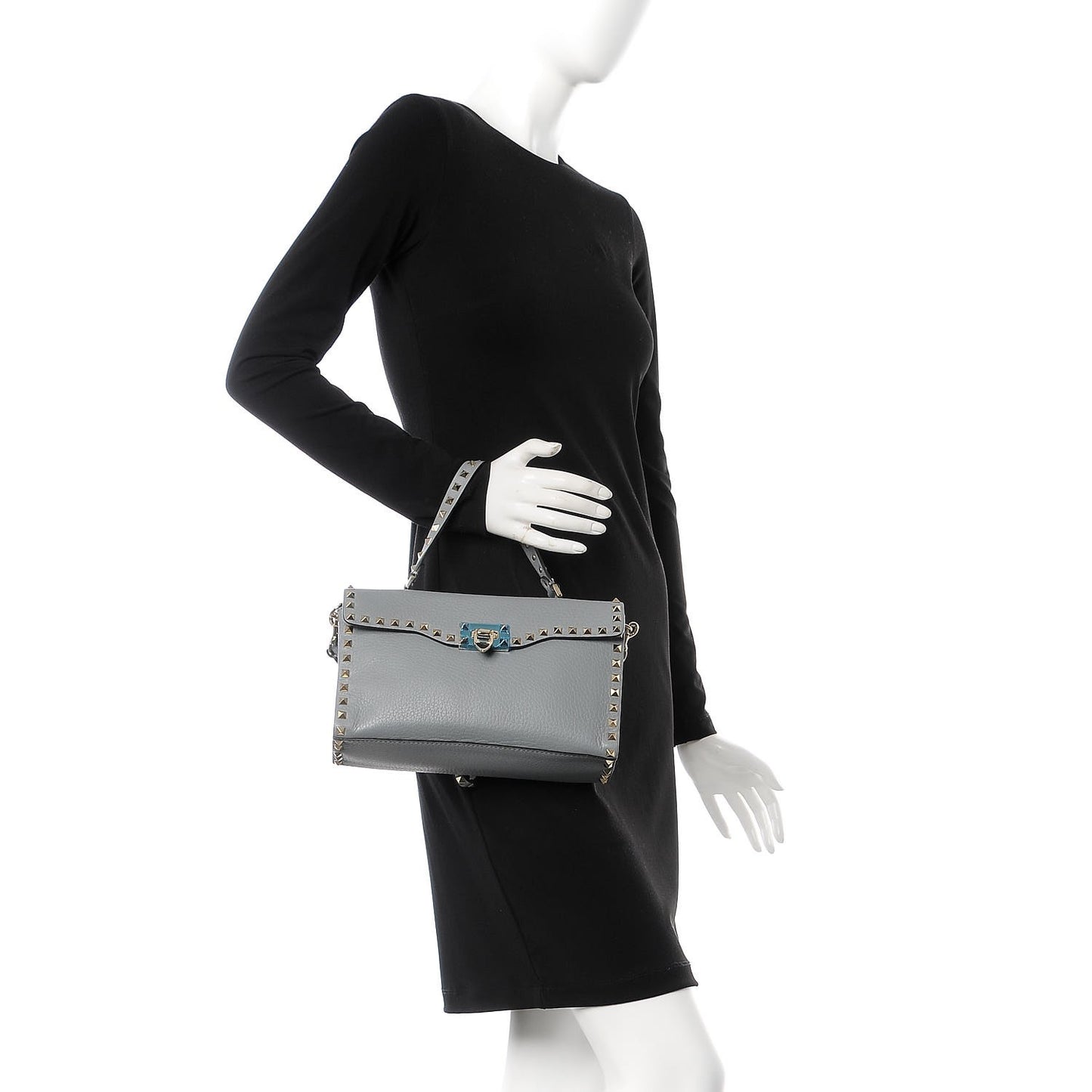 Pebbled Calfskin Small Rockstud Single Handle Flap Bag Pastel Grey