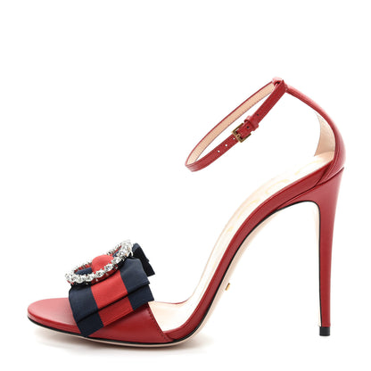 Gucci Nappa Crystal Web Ankle Strap High Heel Sandals 37.5 Hibiscus Red 1 of 8