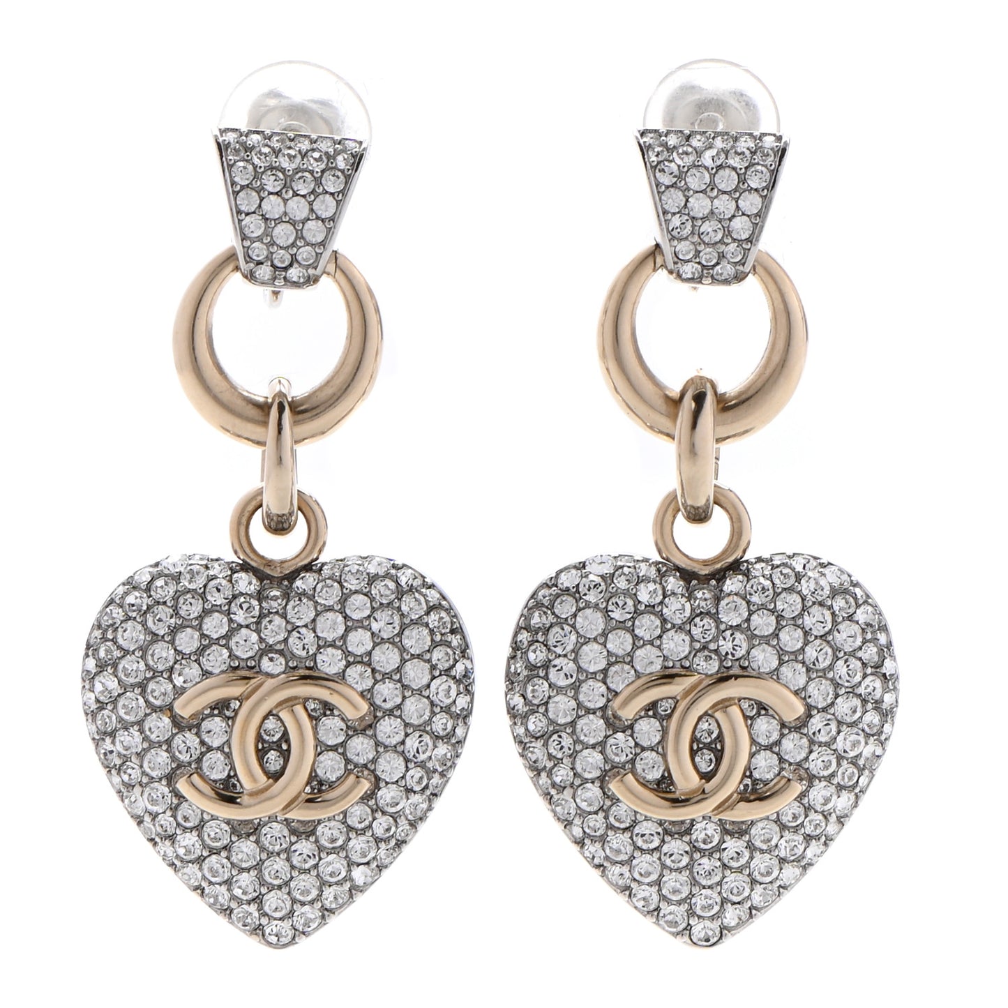 Crystal Heart CC Drop Clip On Earrings Silver Gold