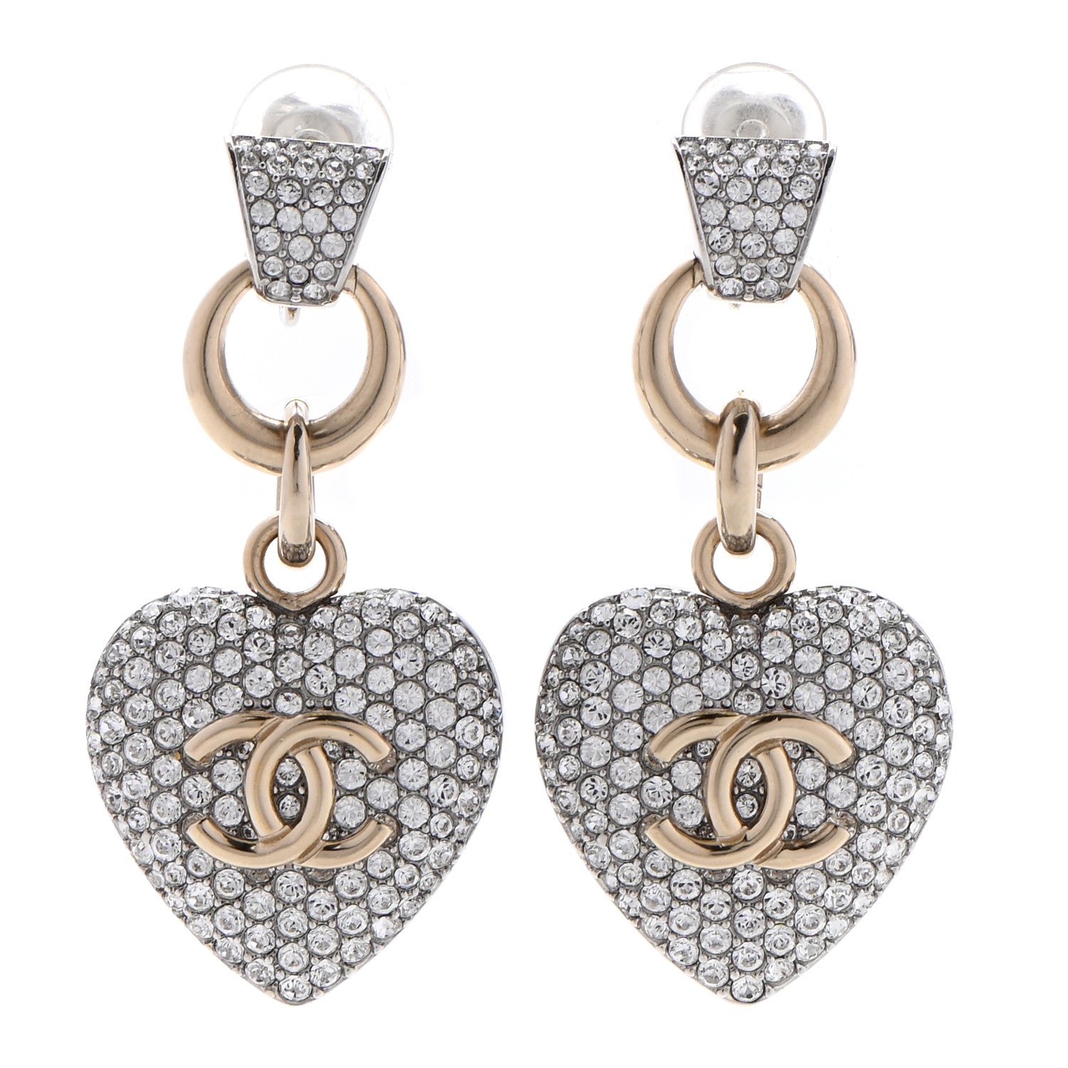 Chanel Crystal Heart CC Drop Clip On Earrings Silver Gold 1 of 4