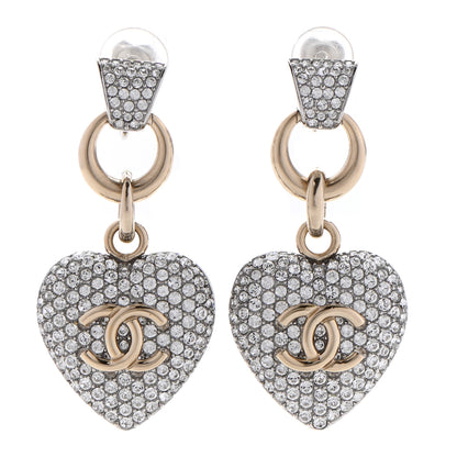Chanel Crystal Heart CC Drop Clip On Earrings Silver Gold 1 of 4