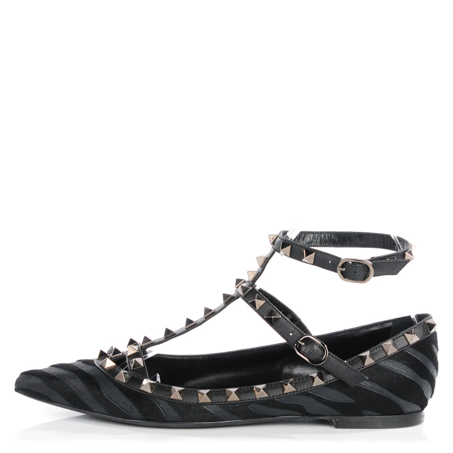 Valentino Garavani Calf Hair Animal Print Rockstud Cage Ballerina Flats 36.5 Black 1 of 8