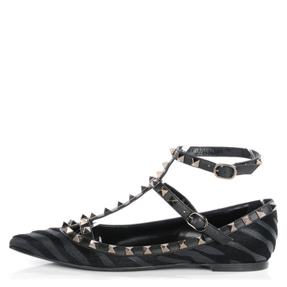 Valentino Garavani Calf Hair Animal Print Rockstud Cage Ballerina Flats 36.5 Black 1 of 8