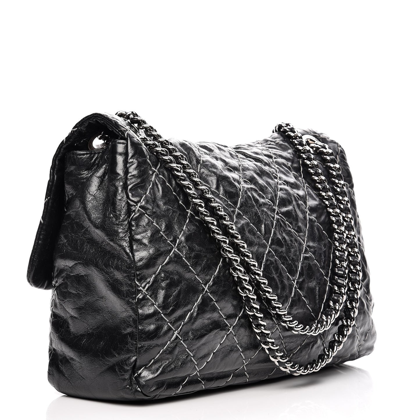 Glazed Goatskin Double Stitch Maxi Flap Black