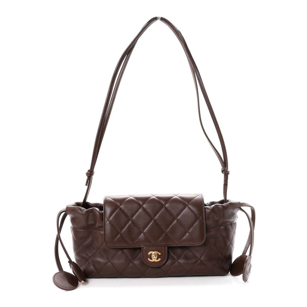 Chanel Lambskin Quilted CC Drawstring Flap Clutch With Strap Brown 1 of 11