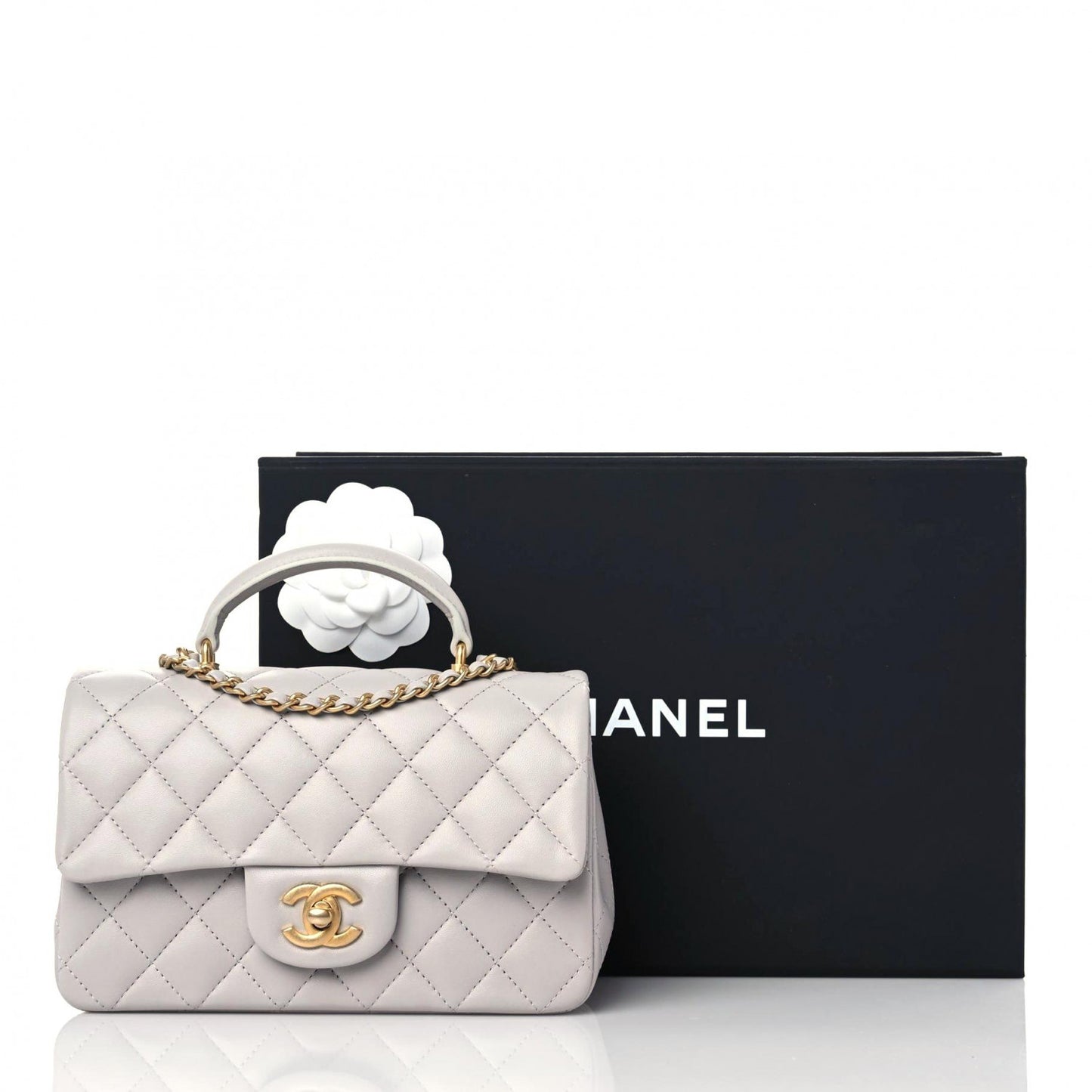 Lambskin Quilted Mini Top Handle Rectangular Flap Grey