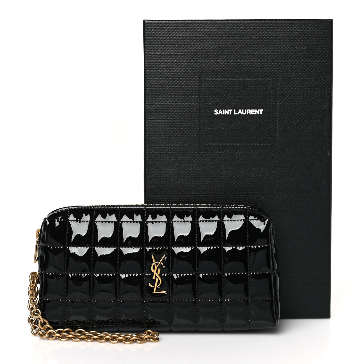 Saint Laurent Vinyl Carre Quilted Cassandre Wristlet Pouch Black 10 of 10