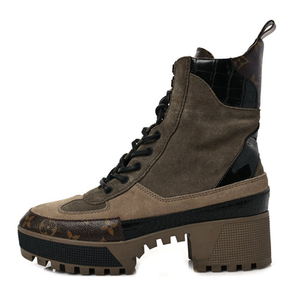 Louis Vuitton Suede Calfskin Monogram Laureate Platform Desert Boots 38.5 Taupe 1 of 7