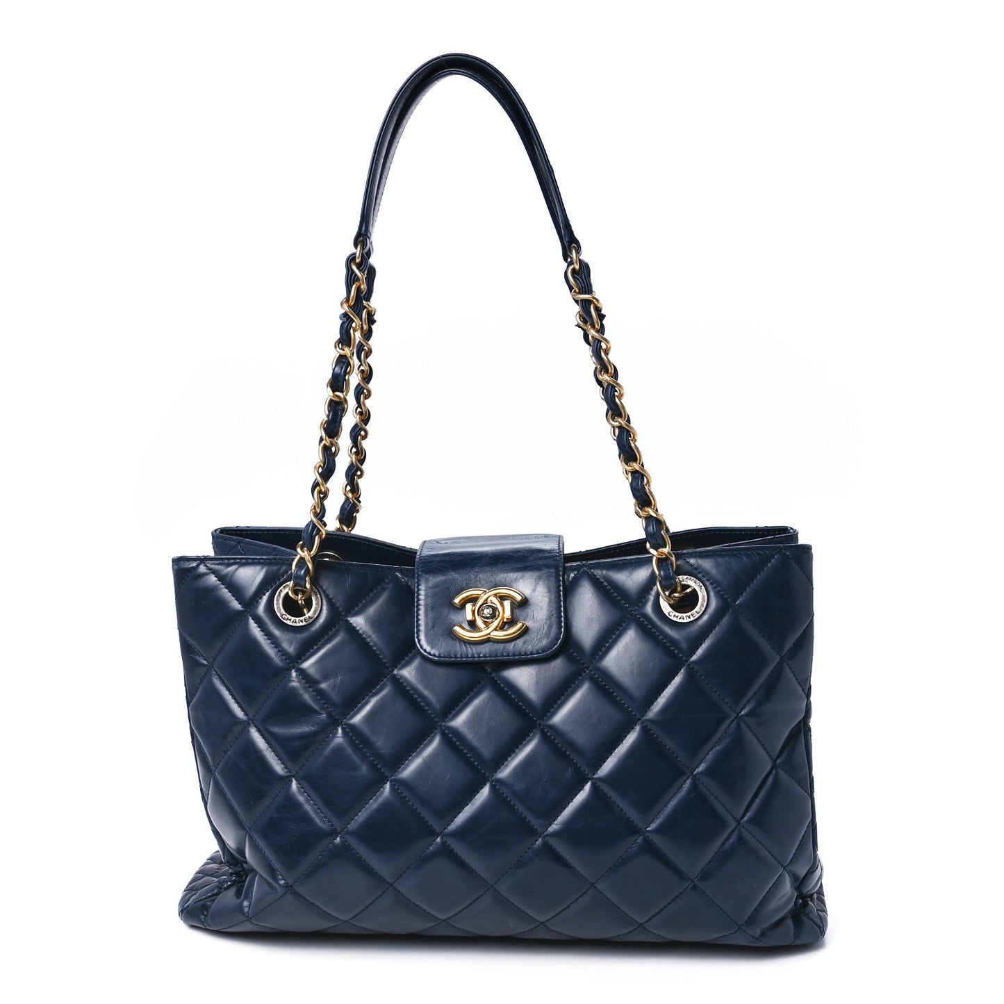 Glazed Calfskin Quilted Daily Walk Tote Navy