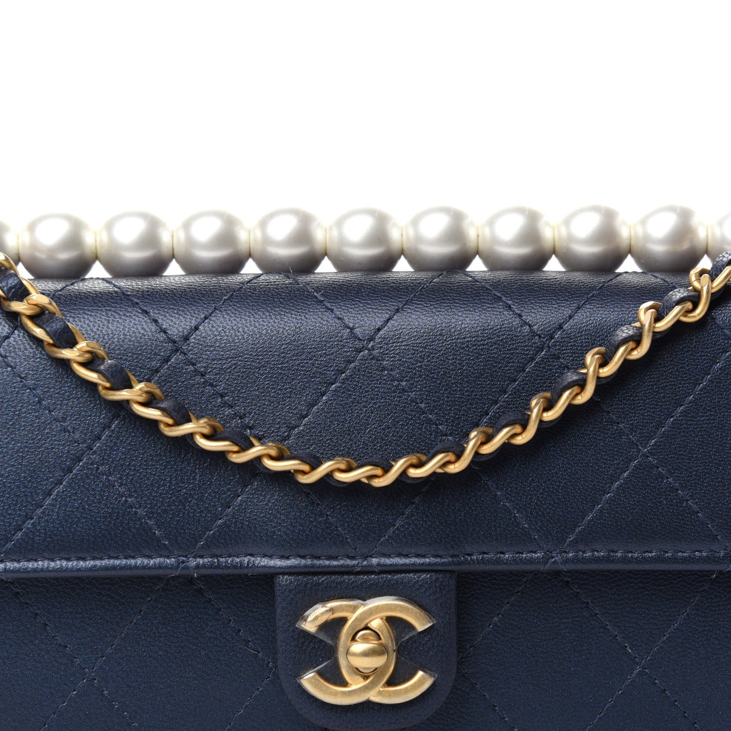 Iridescent Lambskin Quilted Chic Pearls Clutch With Chain Blue