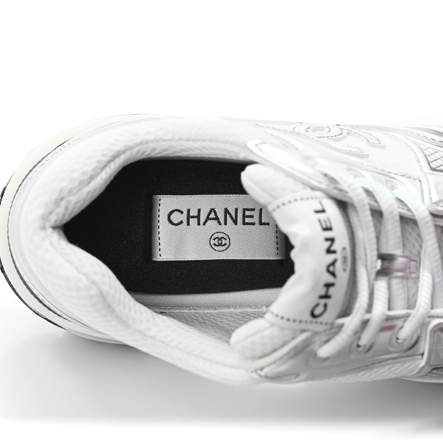 Fabric Laminated Calfskin Stretch CC Sneakers 39 White Silver