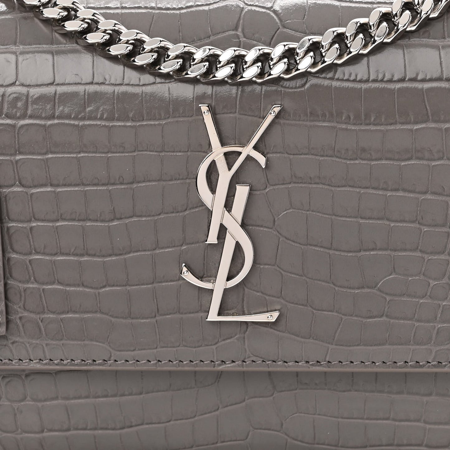 Calfskin Crocodile Embossed Medium Monogram Sunset Fog