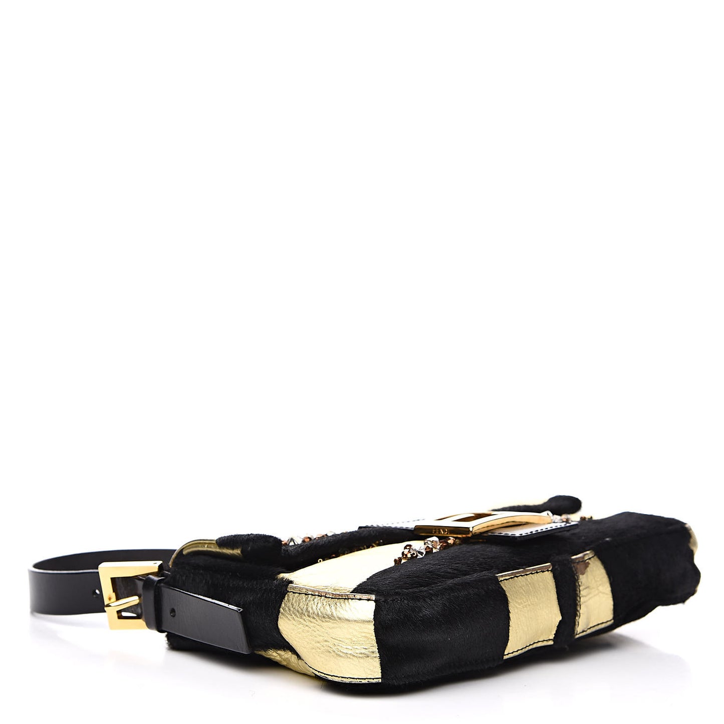 Metallic Calfskin Calf Hair Sequin Baguette Black Gold