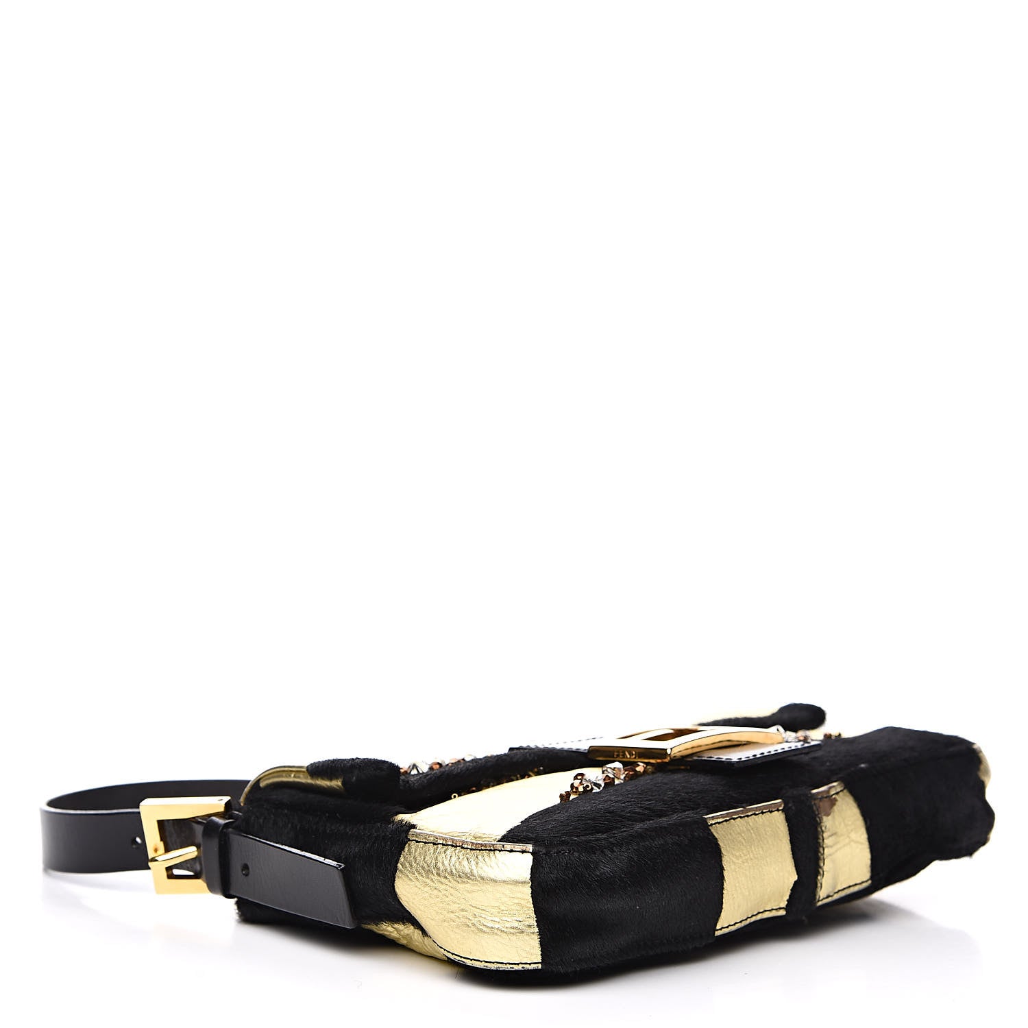 Fendi Metallic Calfskin Calf Hair Sequin Baguette Black Gold 4 of 12