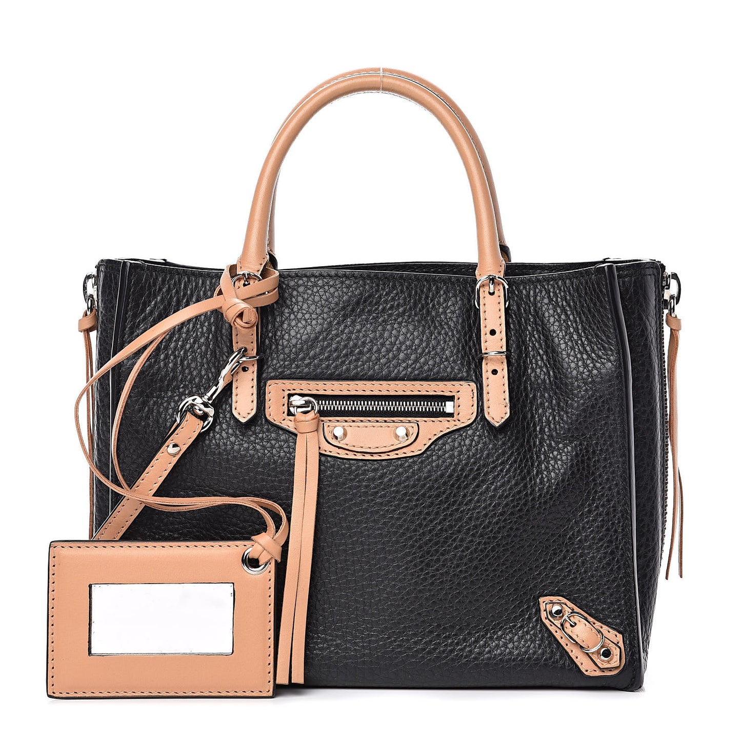 Grained Calfskin Papier Mini A4 Zip Around Tote Black Beige