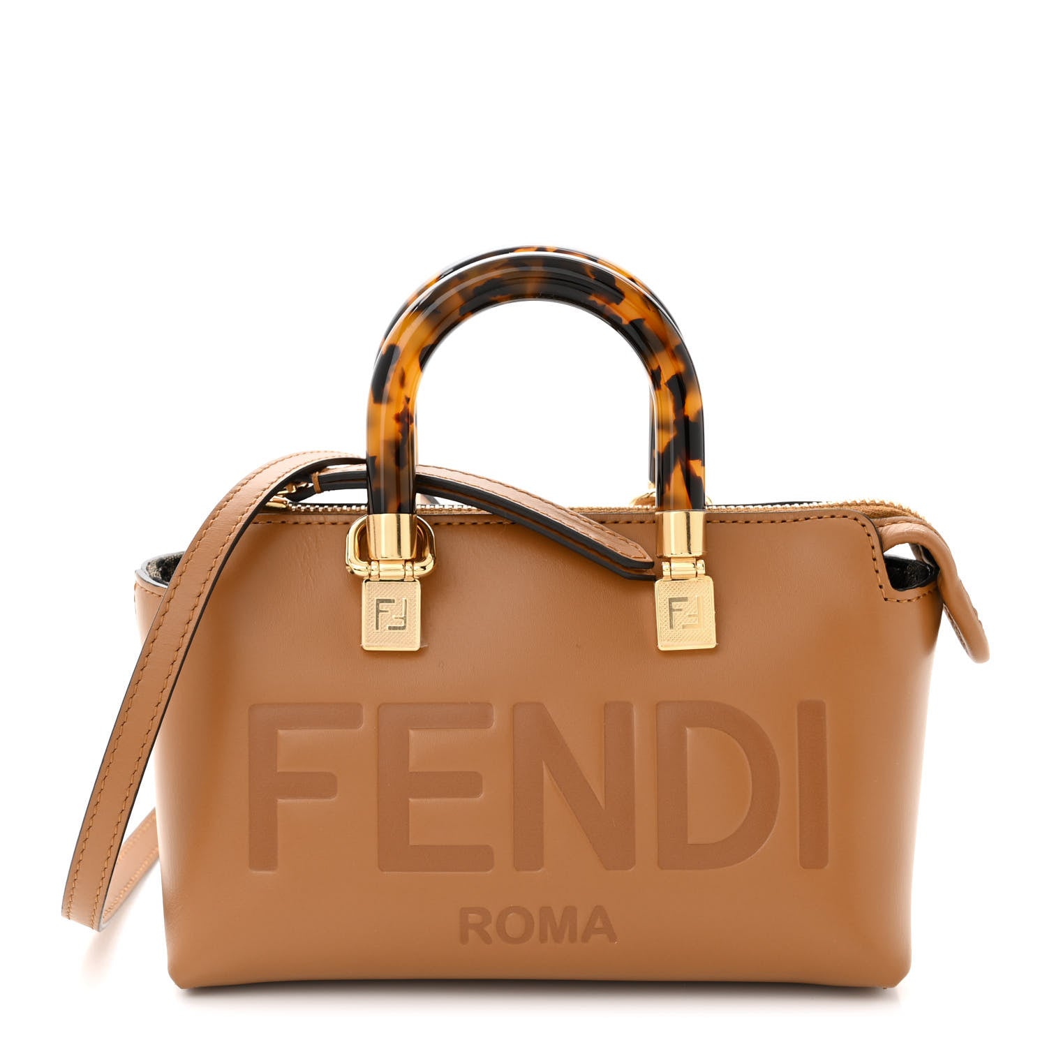 Fendi Vitello King Plexiglass Logo Embossed Mini By The Way Top Handle Boston Bag Caramello 1 of 11