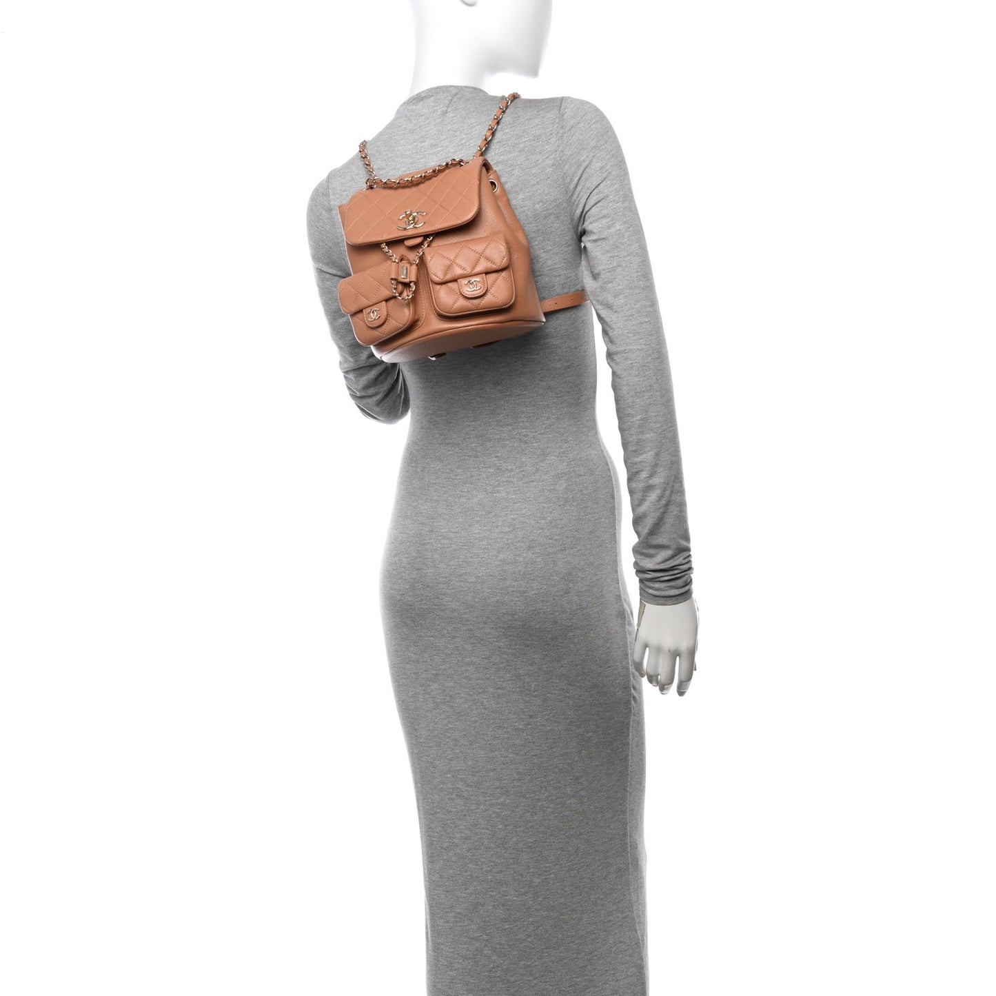 Shiny Caviar Quilted Small Duma Pockets Drawstring Backpack Dark Beige