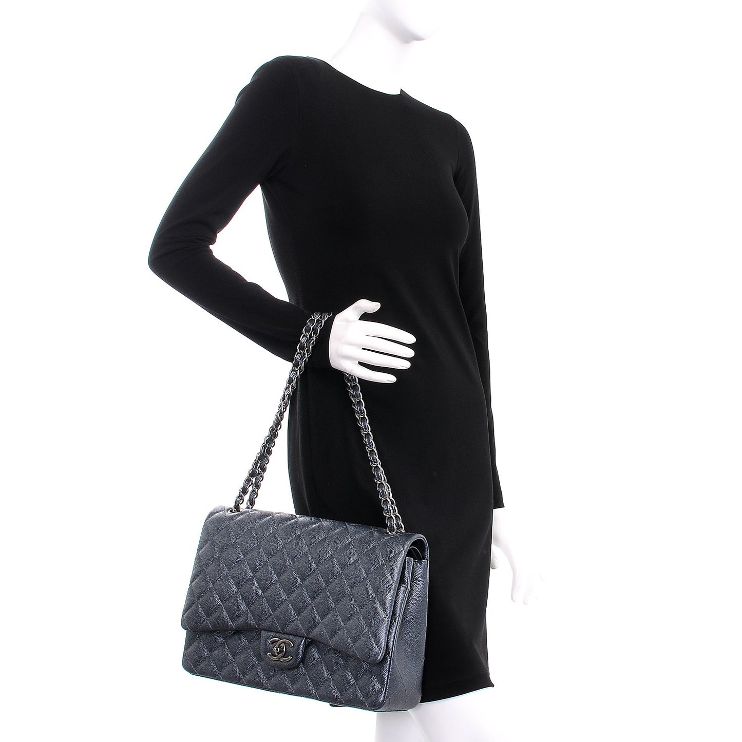 Metallic Caviar Quilted Maxi Double Flap Charcoal