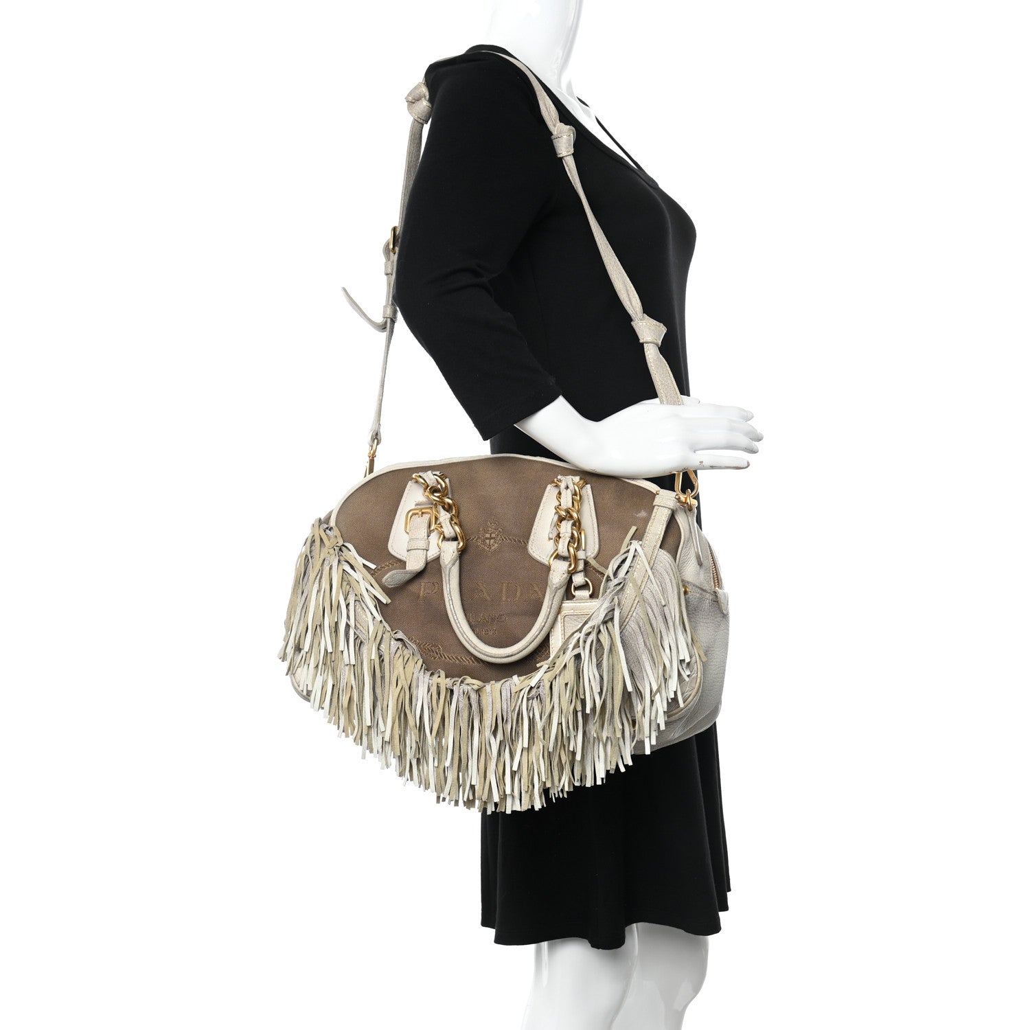 Prada Jacquard Logo Cervo Fringe Bowler Corda Talco 2 of 25