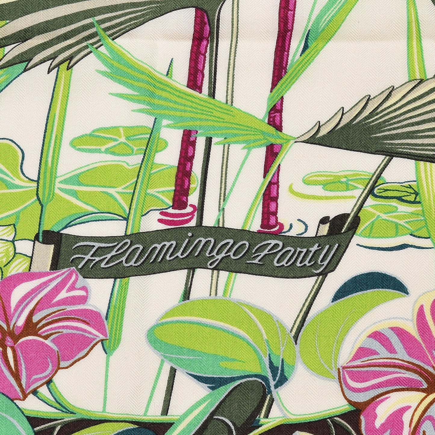 Cashmere Silk Flamingo Party Shawl 140 Blanc Vert Fuchsia