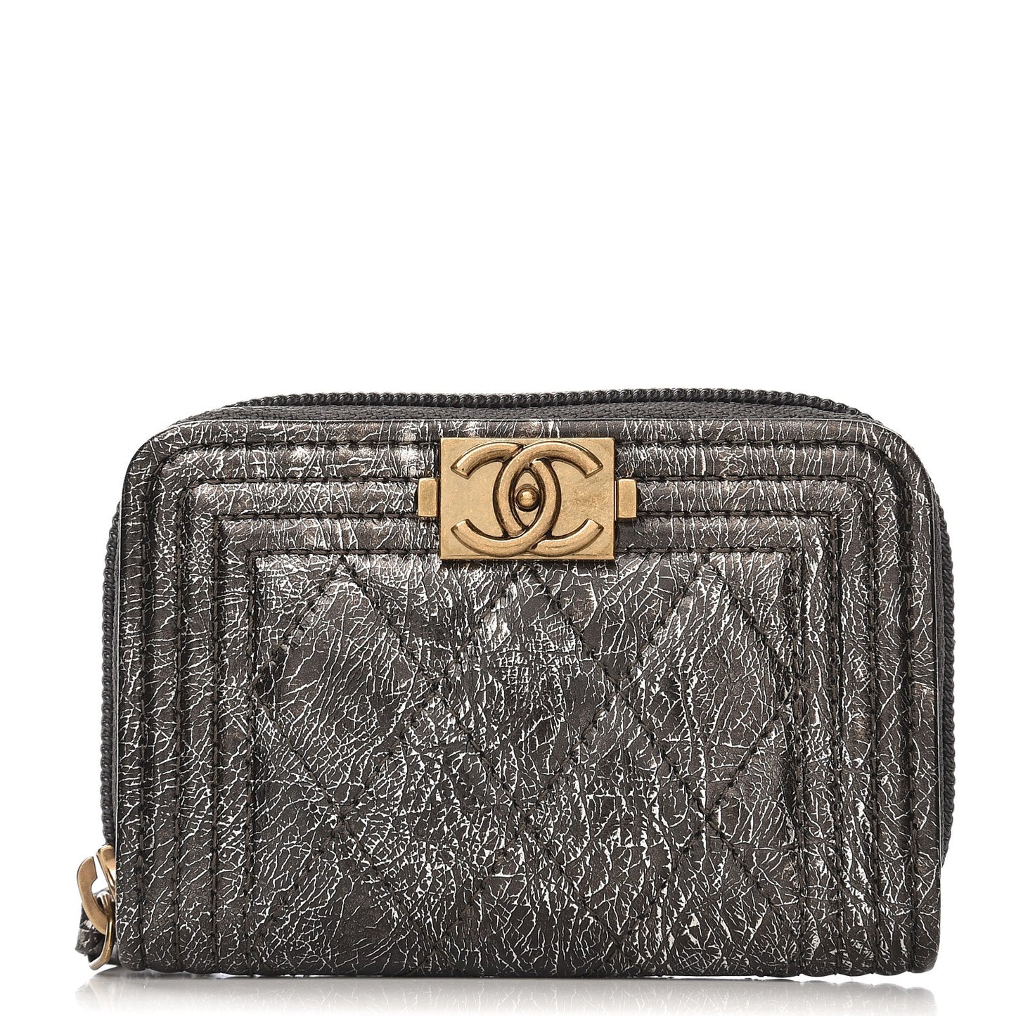 Cracked Metallic Calfskin Quilted Boy Zip Around Coin Purse Wallet Dark Silver