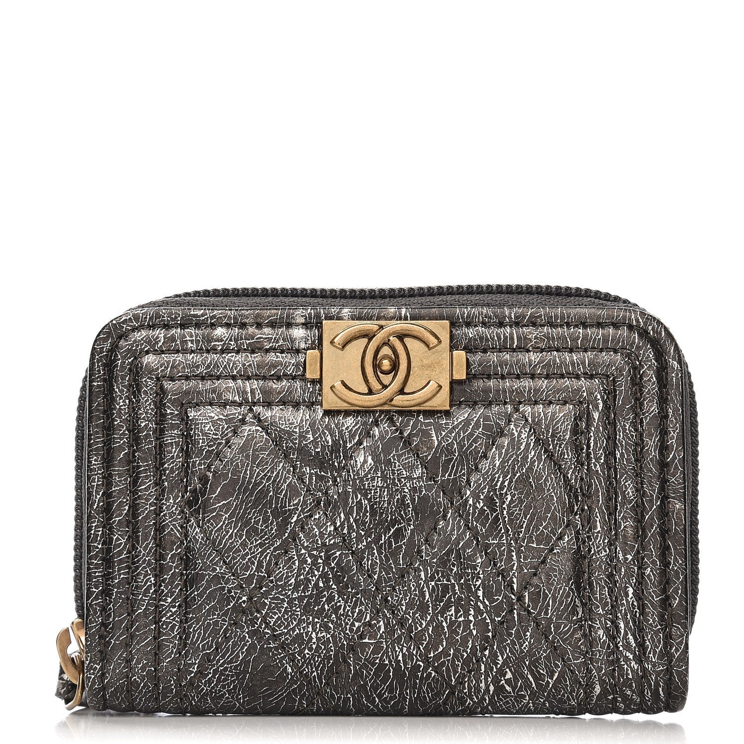 Chanel Cracked Metallic Calfskin Quilted Boy Zip Around Coin Purse Wallet Dark Silver 1 of 8