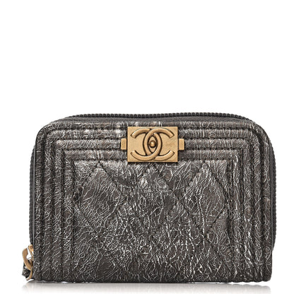Chanel Cracked Metallic Calfskin Quilted Boy Zip Around Coin Purse Wallet Dark Silver 1 of 8