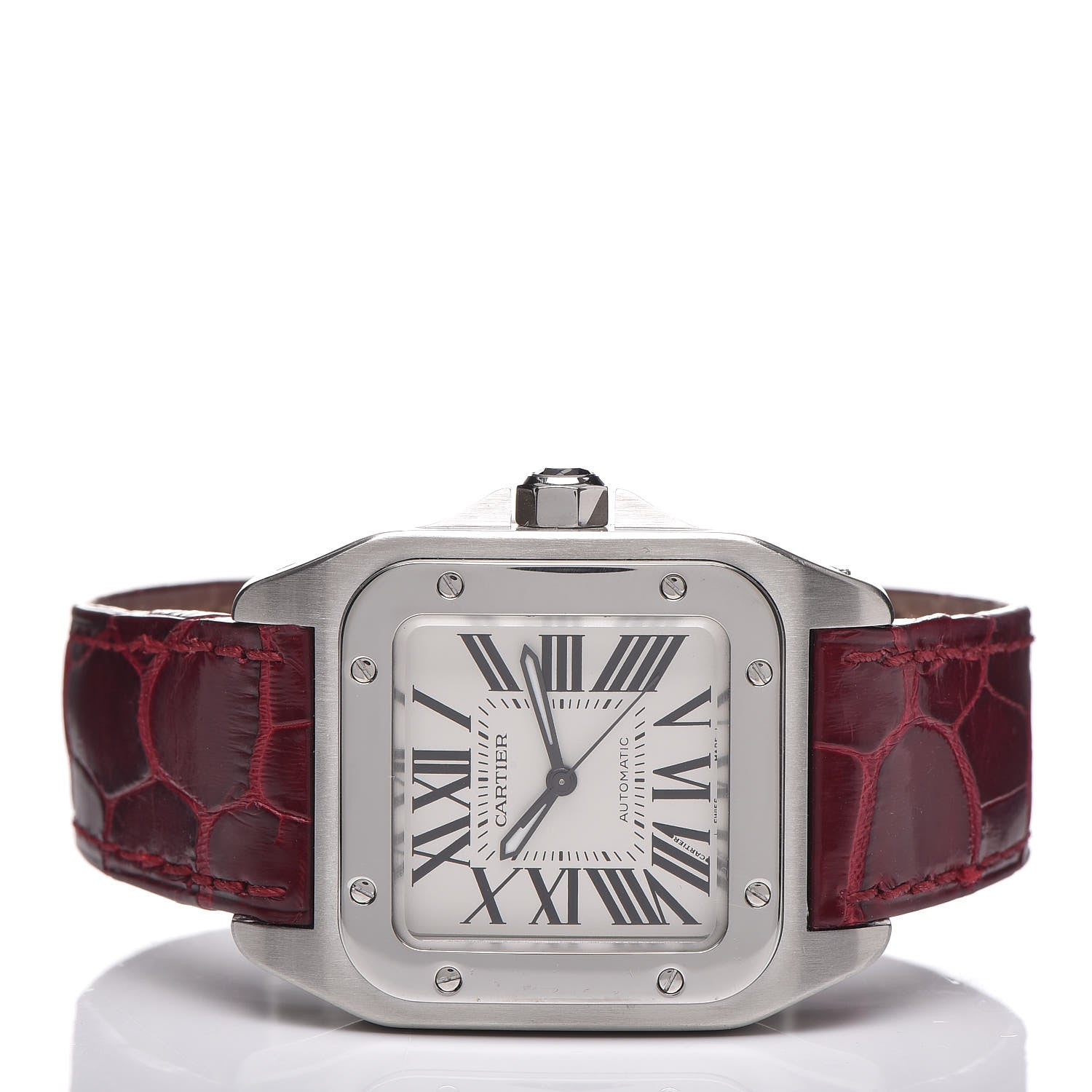 Cartier Stainless Steel Alligator 33mm Santos 100 Automatic Watch Red 3 of 10
