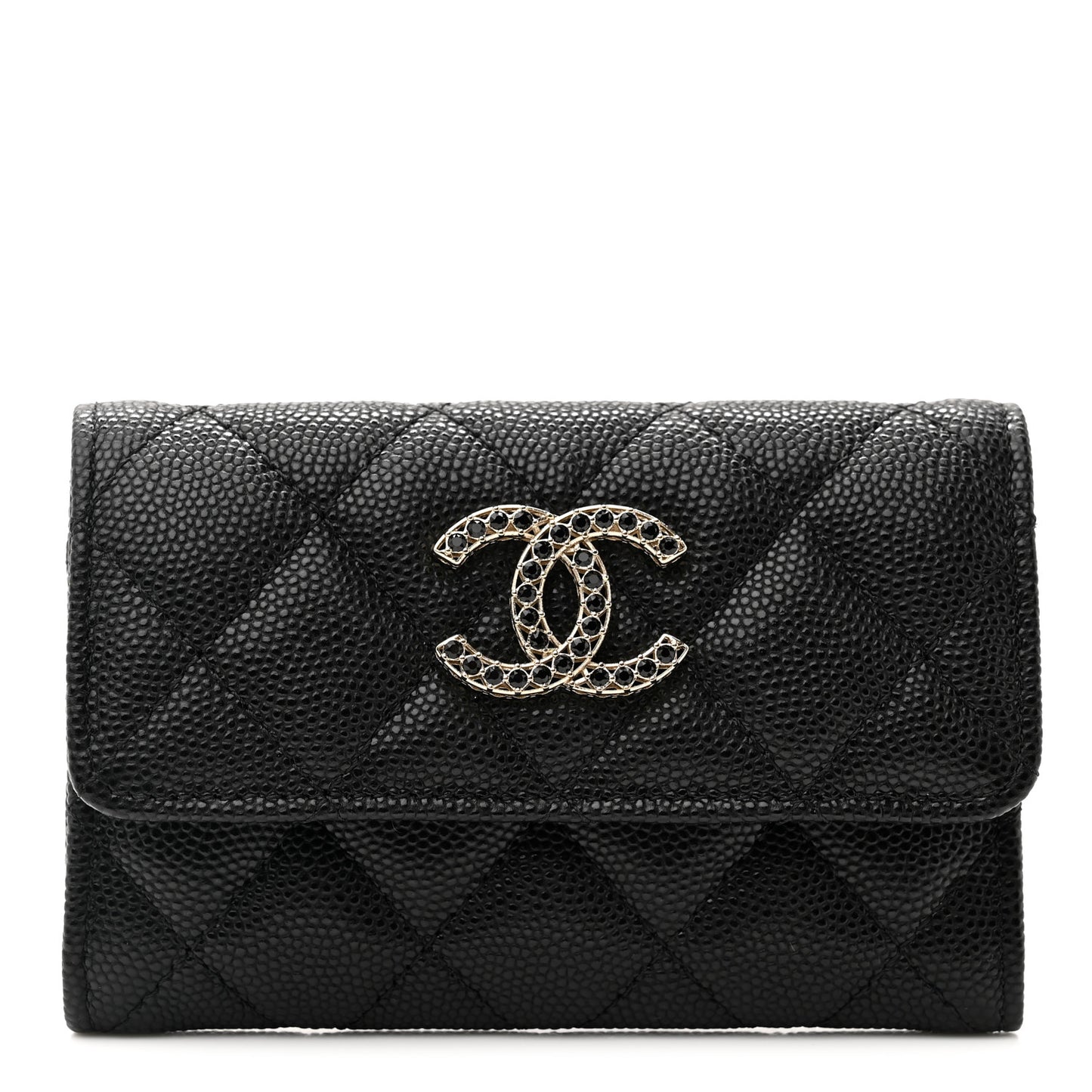 Shiny Caviar Quilted Strass CC Flap Card Holder Black