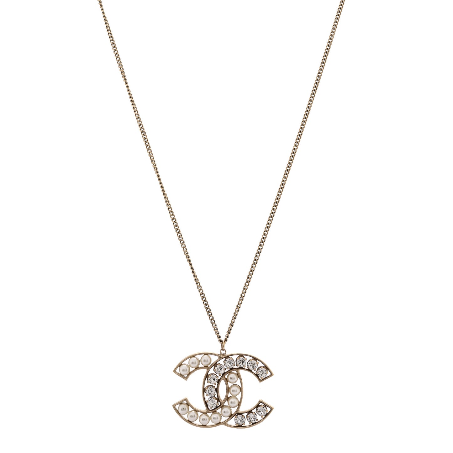 Pearl Crystal CC Pendant Necklace Gold