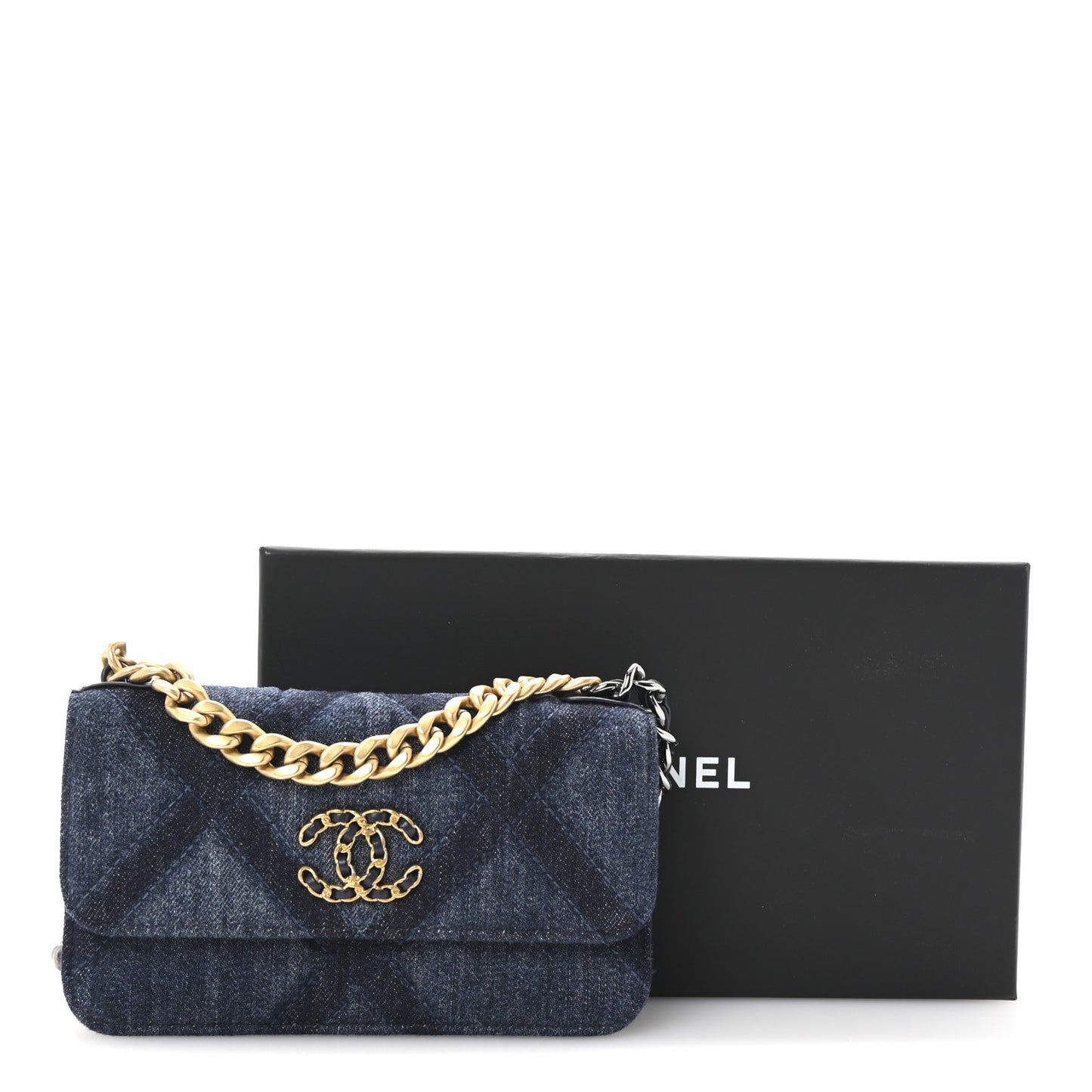 Denim Quilted Chanel 19 Flap Phone Holder With Chain Blue