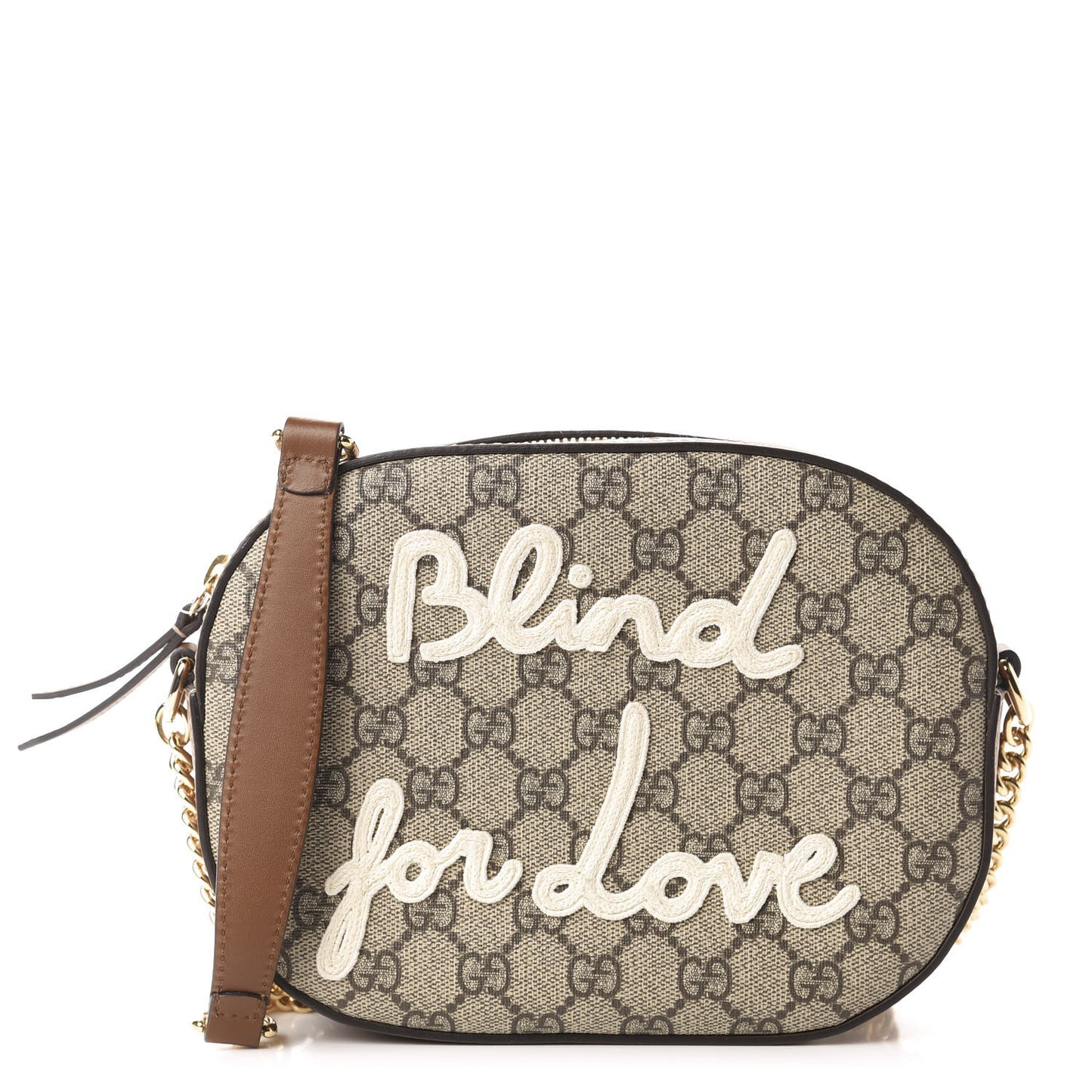 GG Supreme Monogram Blind For Love Embroidered Mini Chain Shoulder Bag Beige Tuscany