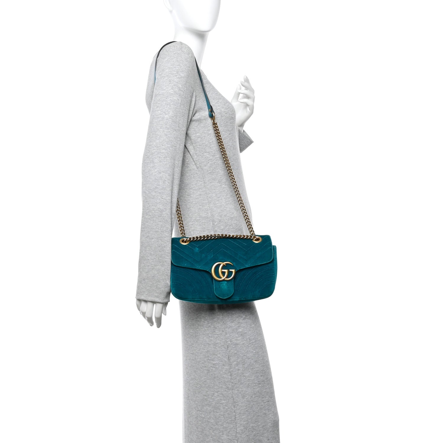 Gucci Velvet Matelasse Small GG Marmont Shoulder Bag Pavone Cyan 2 of 14