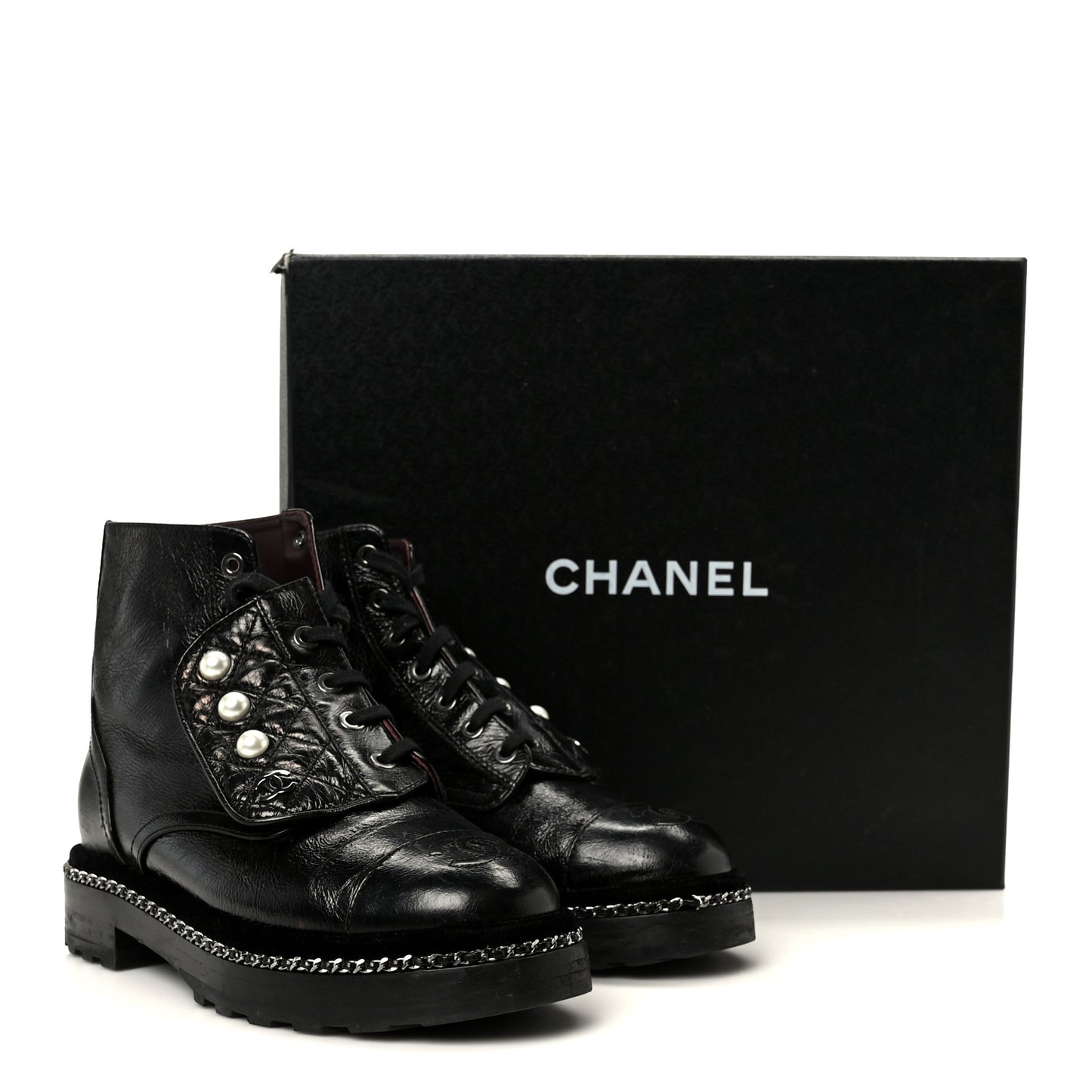 Crackled Calfskin Velvet Pearl Combat Short Boots 36 Black