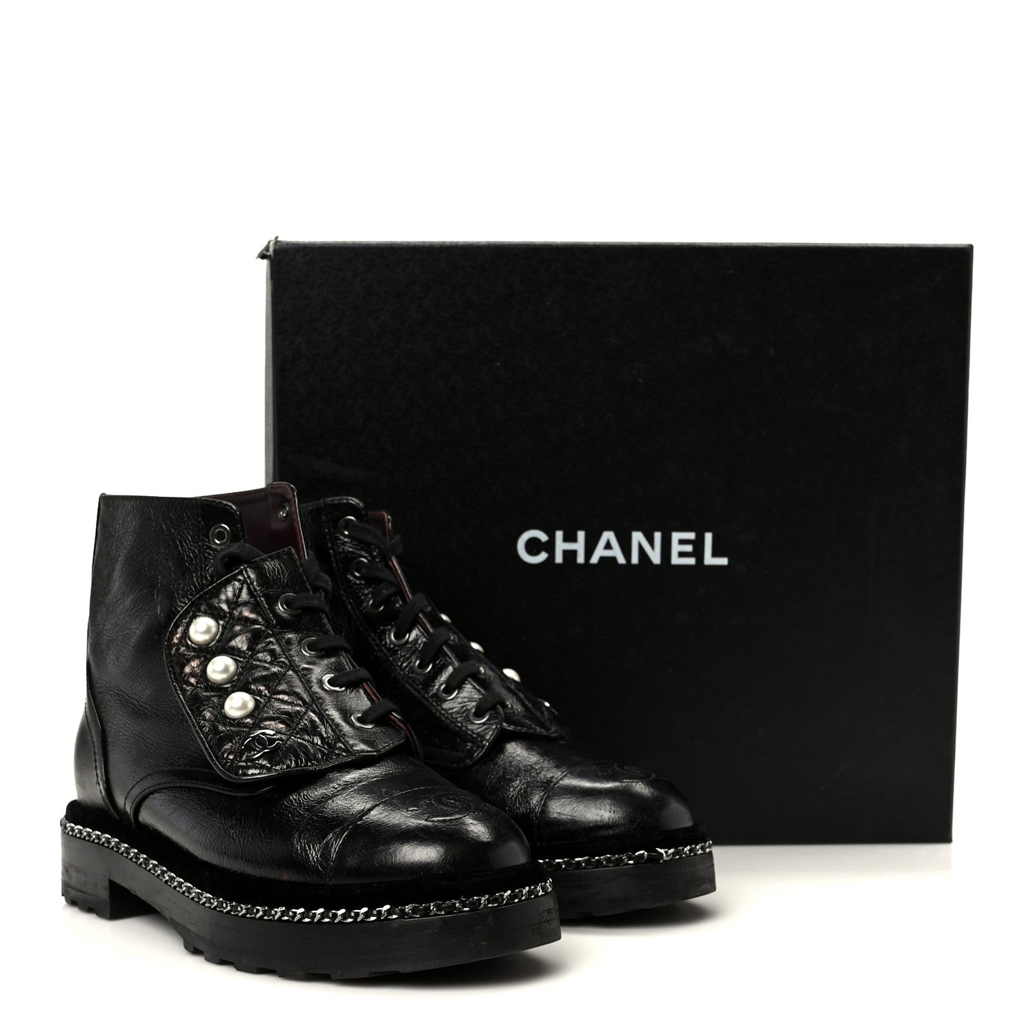 Chanel Crackled Calfskin Velvet Pearl Combat Short Boots 36 Black 11 of 11