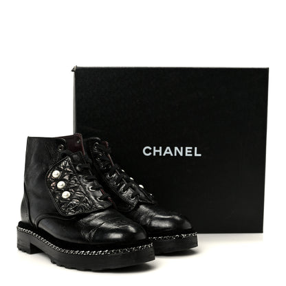 Chanel Crackled Calfskin Velvet Pearl Combat Short Boots 36 Black 11 of 11