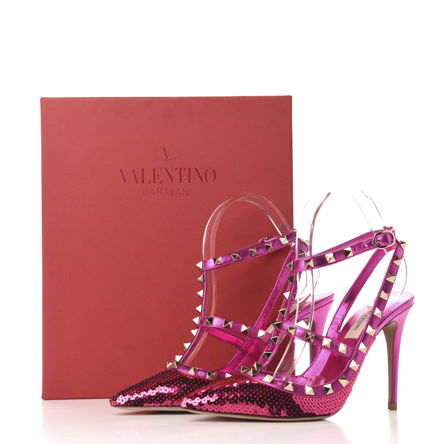 Valentino Garavani Metallic Nappa Sequin Liquid Metal Rockstud Ankle Strap Pumps 37.5 Pink Orchid 9 of 9