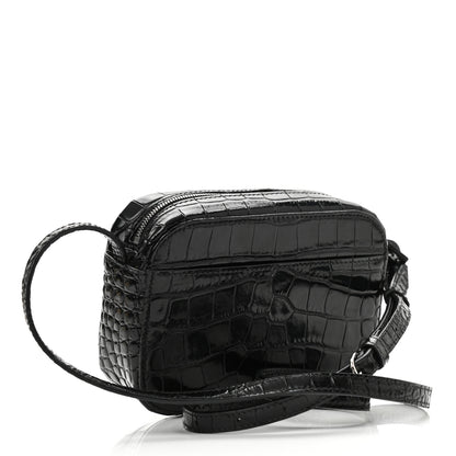 Balenciaga Shiny Calfskin Logo Crocodile Embossed XS Everyday Camera Bag Black 3 of 10