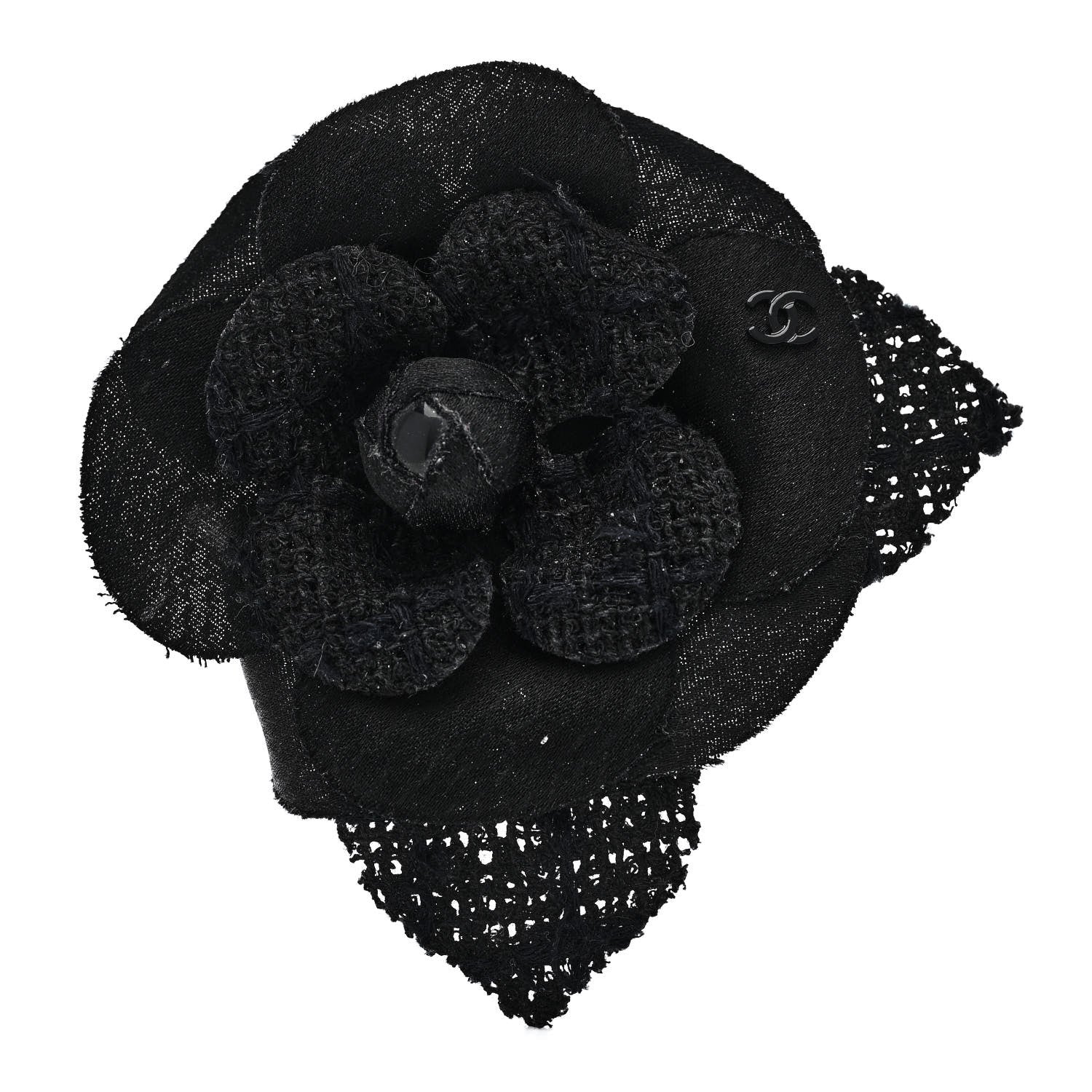 Chanel Tweed Fabric Camellia Pin Brooch Black 1 of 3