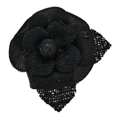 Chanel Tweed Fabric Camellia Pin Brooch Black 1 of 3
