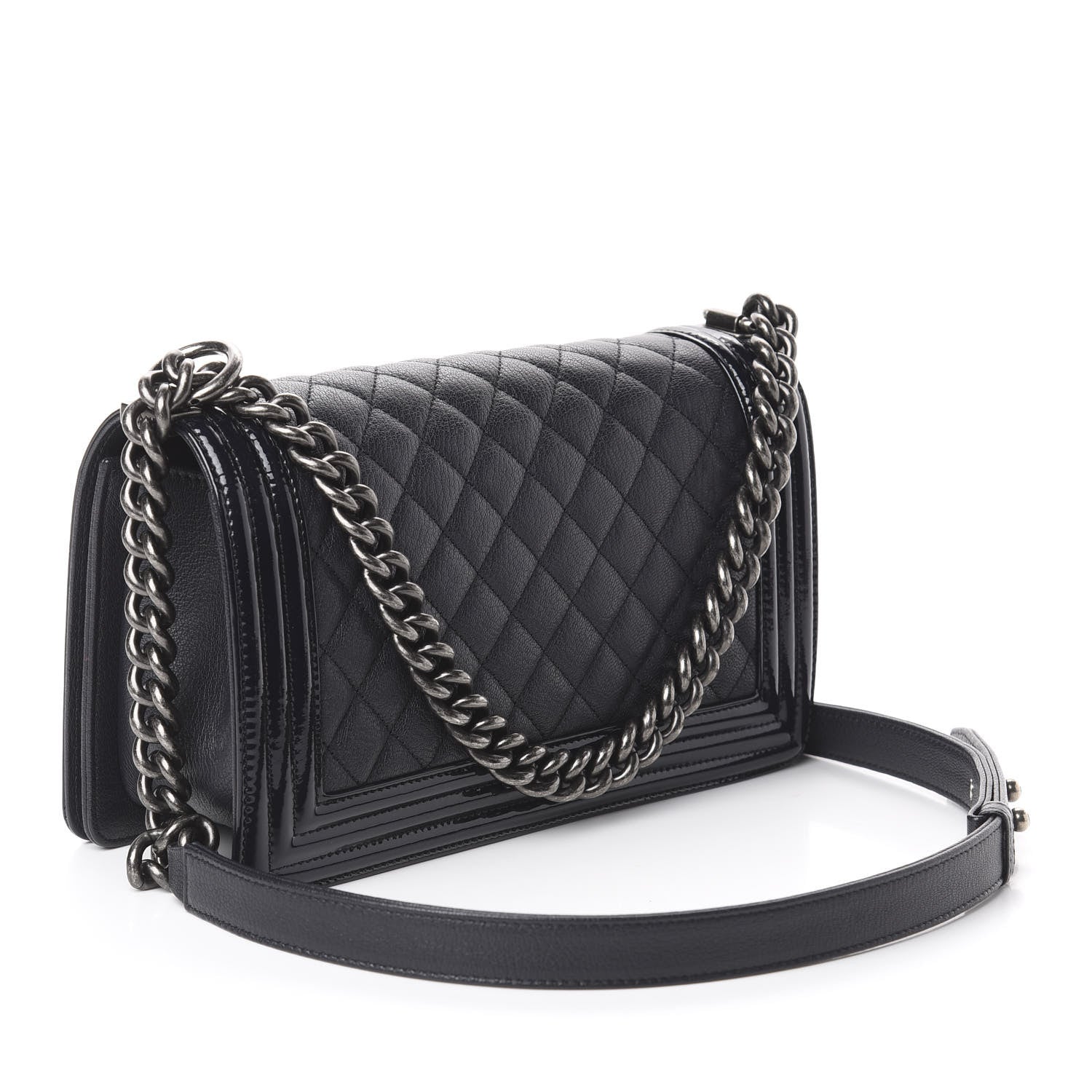 Chanel Goatskin Quilted Patent Medium Duo Boy Flap Dark Blue 2 of 8