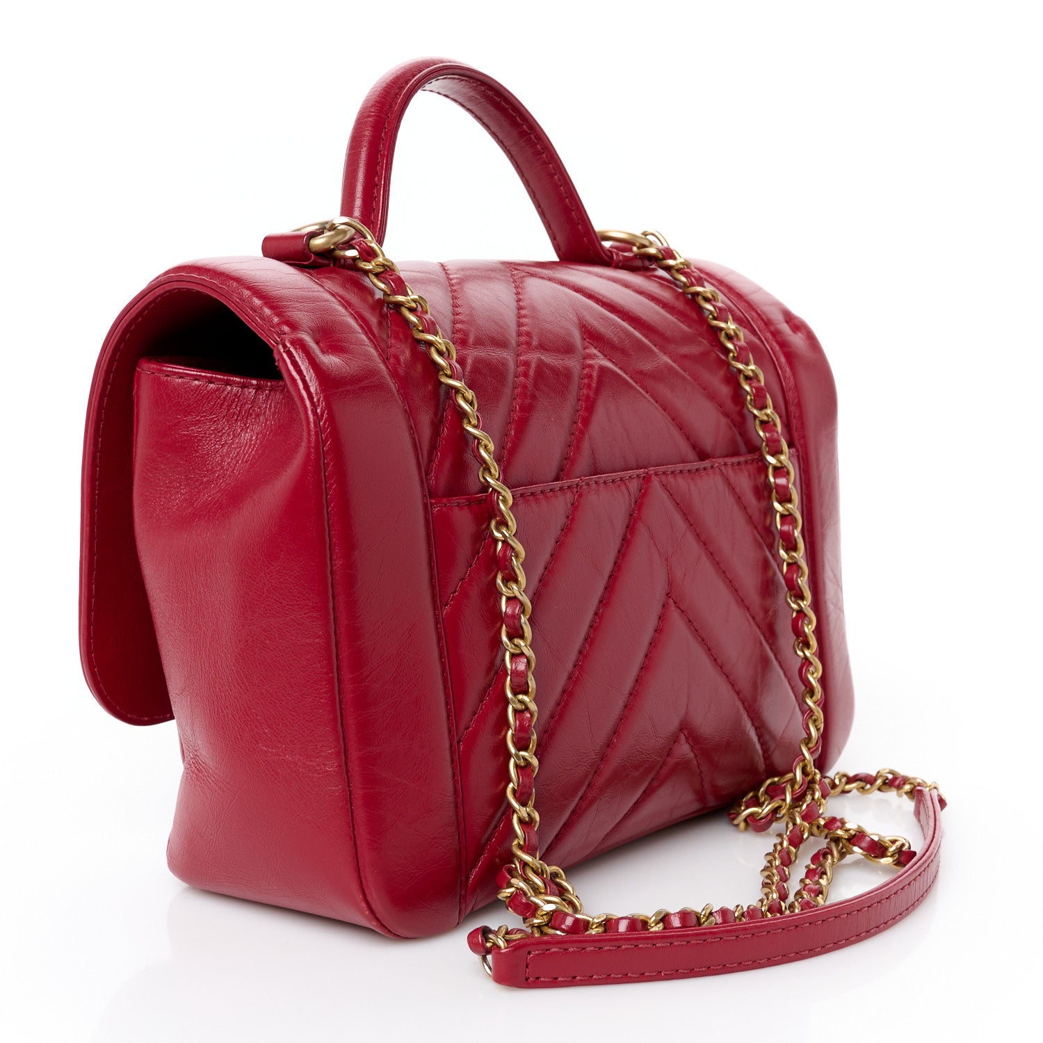 Chanel Calfskin Chevron Quilted Top Handle Flap Red 3 of 11