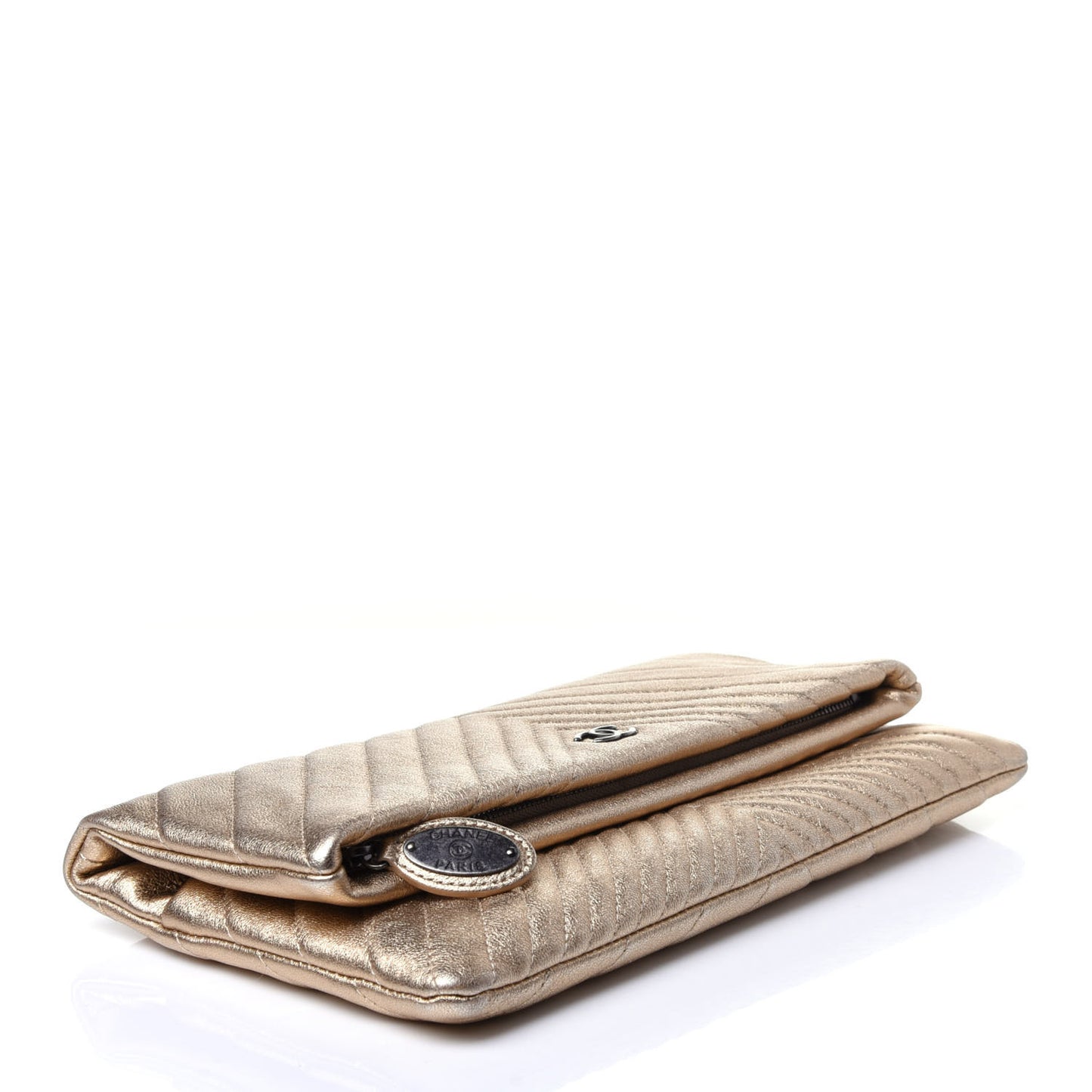 Metallic Calfskin Chevron Quilted CC Beauty Clutch Gold