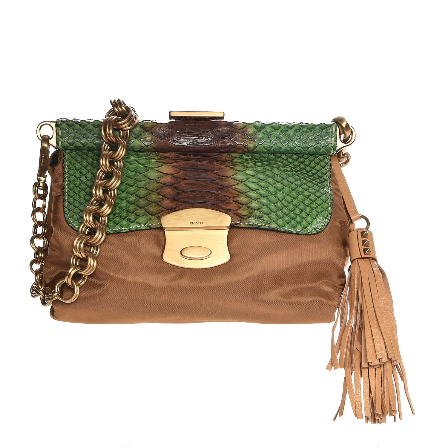 Prada Tessuto Nylon Python Frame Tassel Bag Brandy 1 of 9