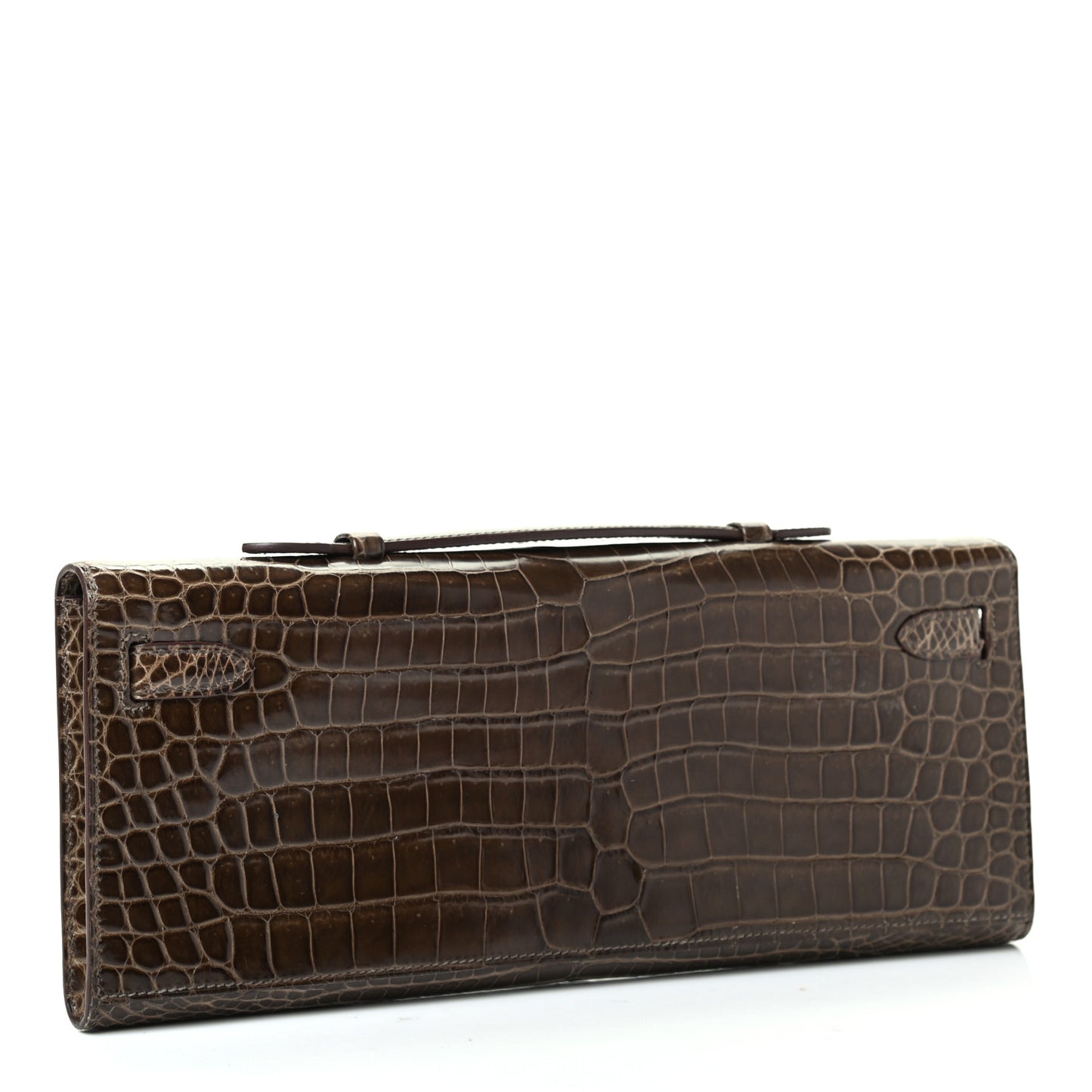 Shiny Porosus Crocodile Kelly Cut Pochette Gris Elephant