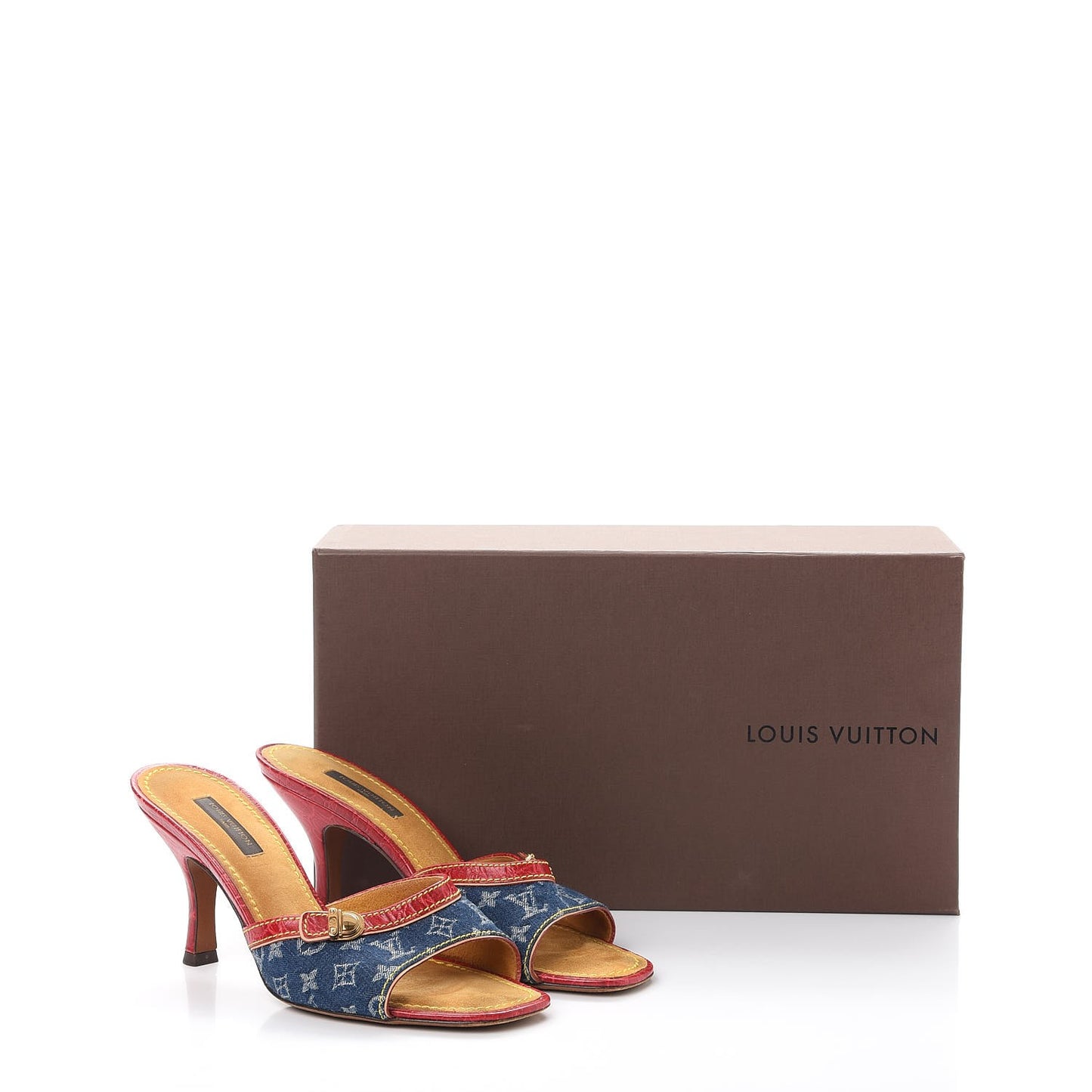 Denim Monogram Mules Peep Toe Heels 37 Blue Red