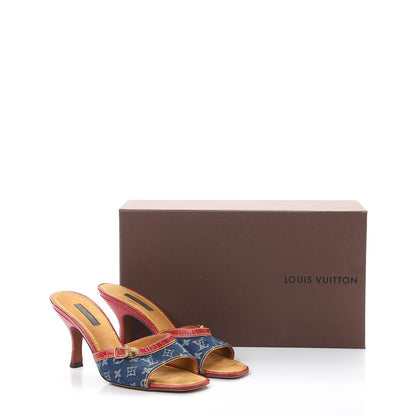 Louis Vuitton Denim Monogram Mules Peep Toe Heels 37 Blue Red 12 of 12