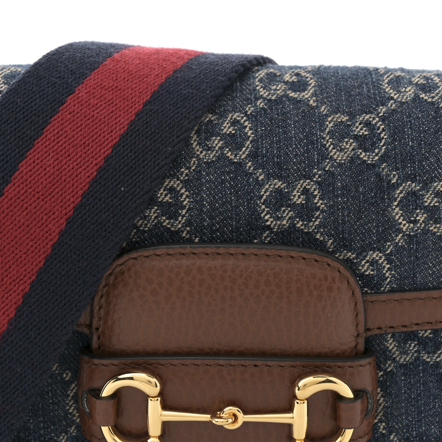 Gucci New Denim GG Monogram Dollar Calfskin Web Mini Horsebit 1955 Shoulder Bag Blue Tea Cuir Epilog 8 of 12