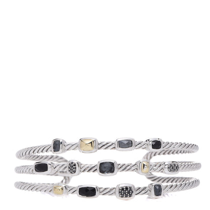 David Yurman Sterling Silver 18K Yellow Gold Black Diamond Hematite Black Onyx Three Row Confetti Cuff Bracelet 1 of 6