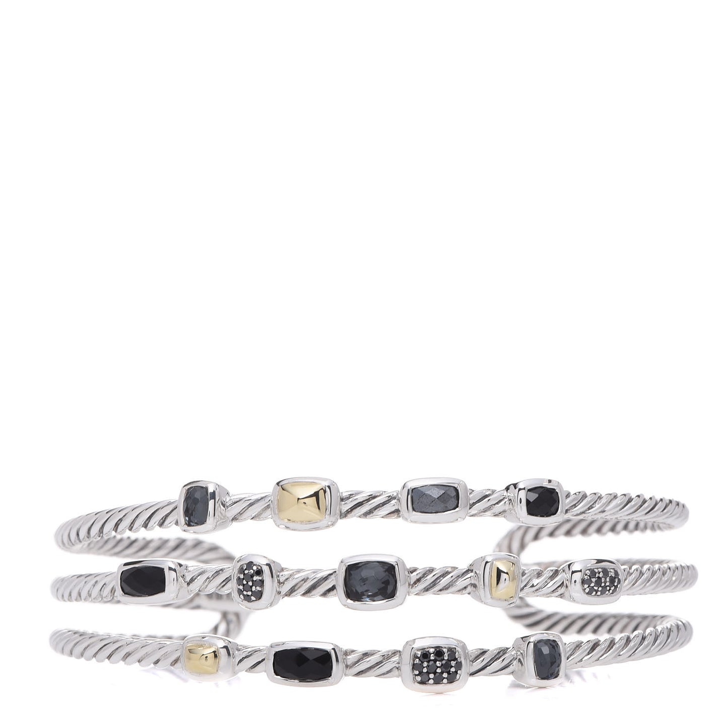 Sterling Silver 18K Yellow Gold Black Diamond Hematite Black Onyx Three Row Confetti Cuff Bracelet